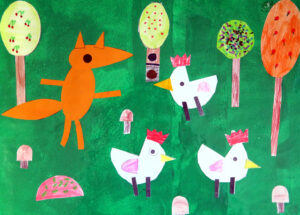 dessin d'enfant avec forêt, poules, renard