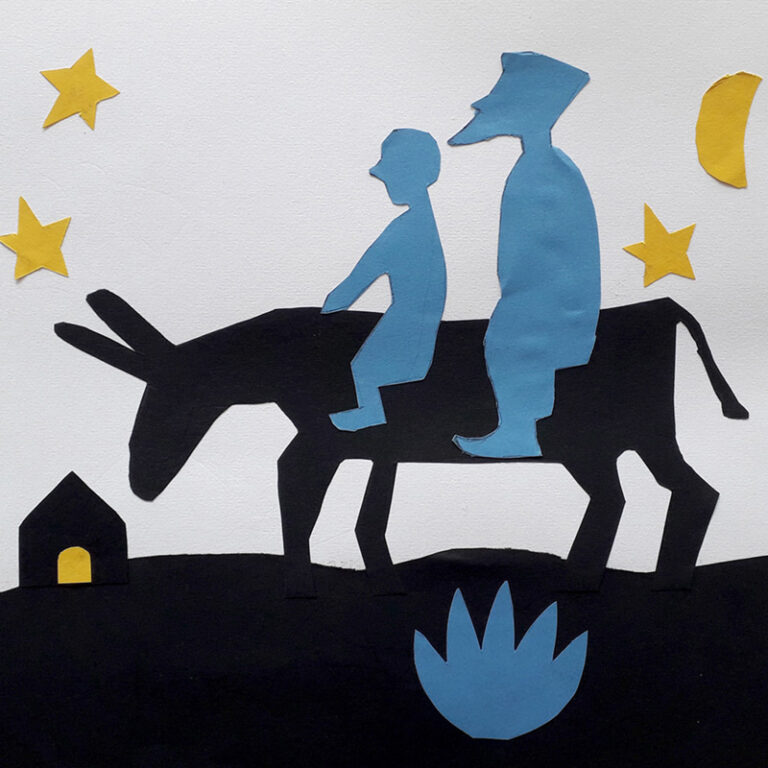 Illustration de deux personnages sur un âne