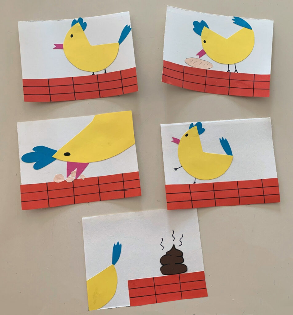 formation kamishibaï 10 Illustration d'une poule sur un mur.