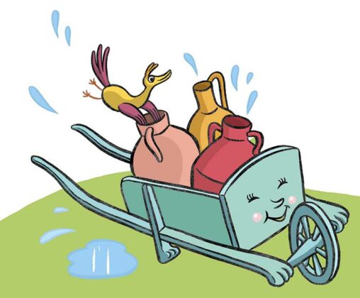 illustration d'une brouette portant des pots d'eau