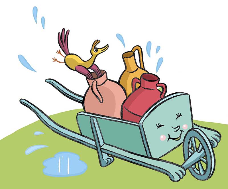 illustration d'une brouette portant des pots d'eau